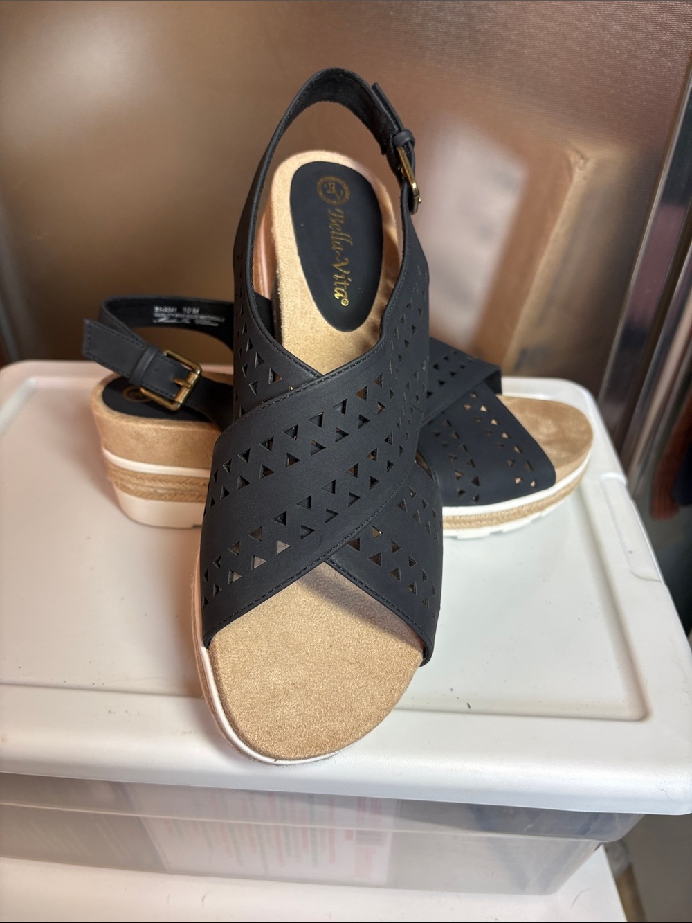 Bella Vita Black Perforated Crisscross Slingback Wedges